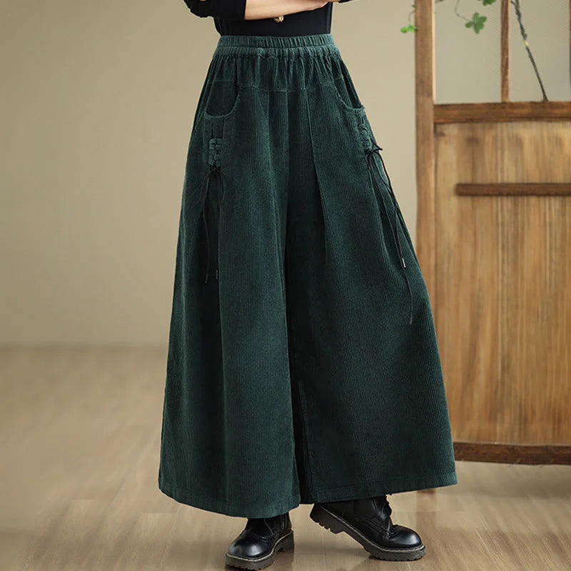 Buddha Stones Women's Pure Color Drawstring Design Wide Leg Corduroy Pants With Pockets