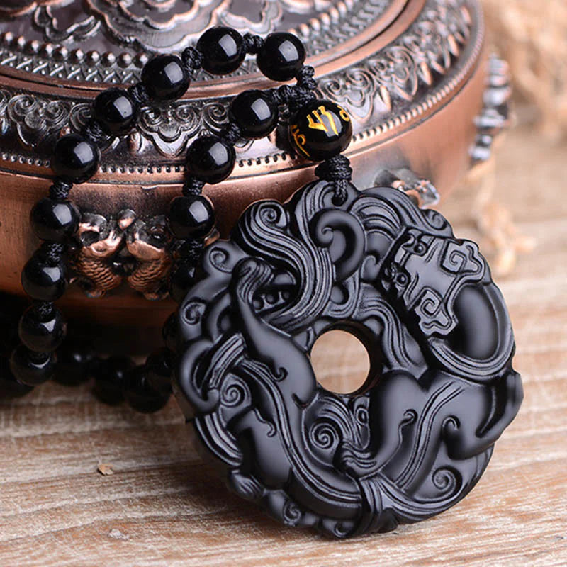 Buddha Stones Natural Black Obsidian Peace Buckle Pixiu Purification Necklace Pendant