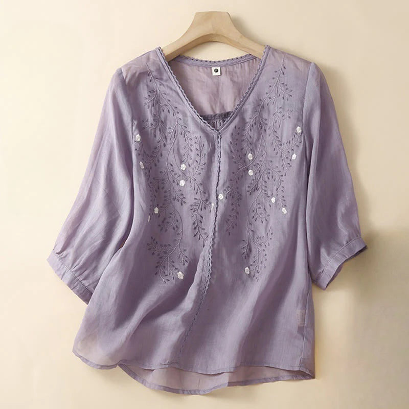 Buddha Stones Summer Casual Flower Branches Embroidered Pattern V-Neck Half Sleeve Cotton Linen Women's T-shirt