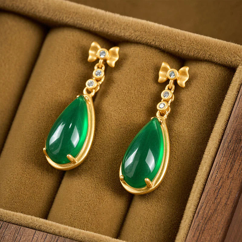 Buddha Stones Waterdrop Design Green Jasper Copper Plated Gold Balance Earrings