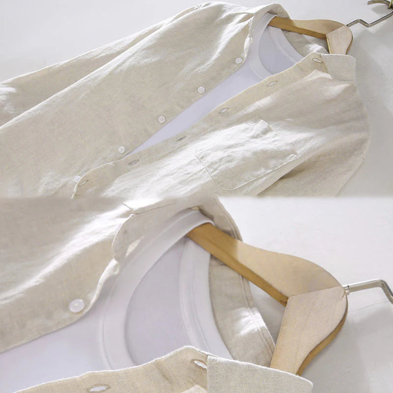 Buddha Stones Spring Men's Casual Pure Color Linen Long Sleeve Shirt With Pocket
