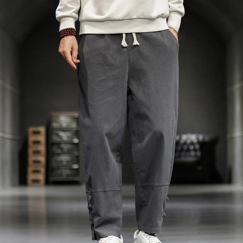 Buddha Stones Drawstring Elastic Waist Frog-Button Ankle-Length Men's Cotton Pants With Pockets