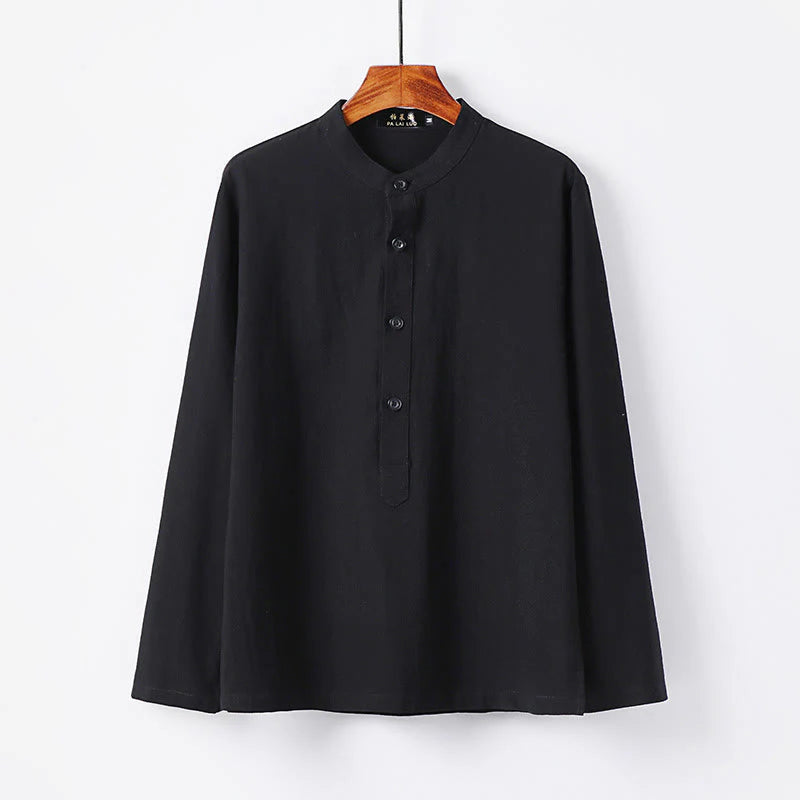 Buddha Stones Simple Solid Color Half Buttons Men's Long Sleeve Cotton Shirt