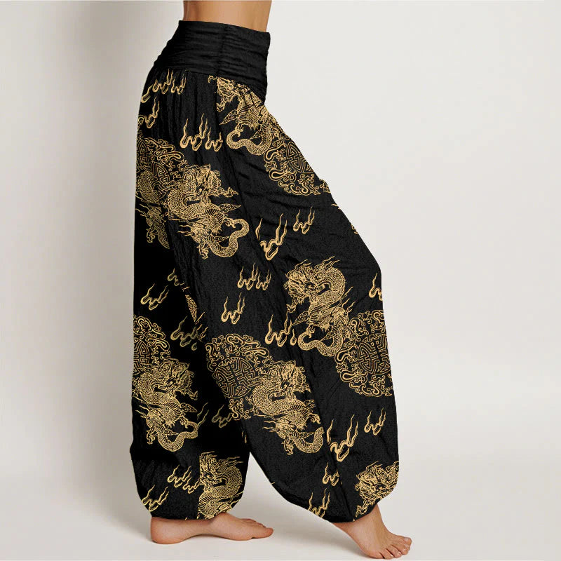 Buddha Stones Pure Cotton Double Dragon Cloud Pattern Women's Elastic Waist Harem Pants