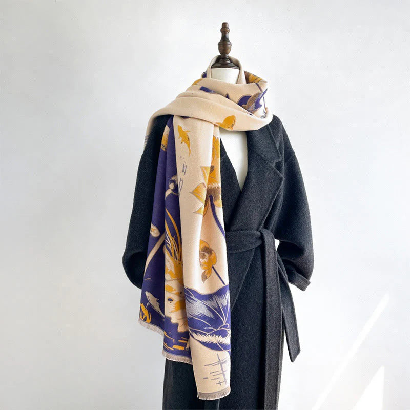 Buddha Stones Fall Lotus Koi Fish Dragonfly Pattern Cozy Scarf Shawl