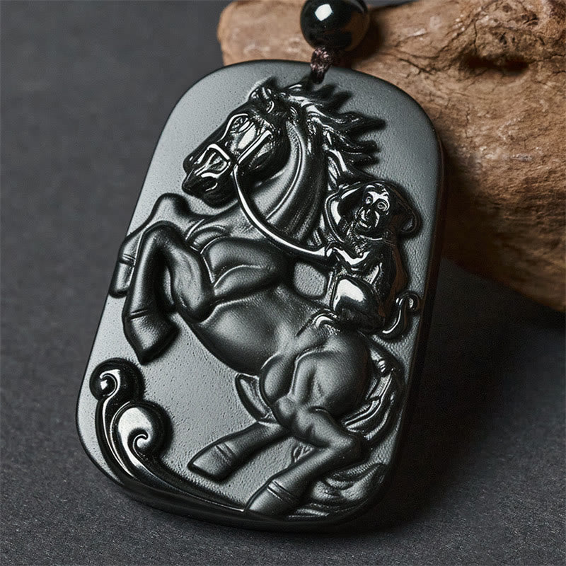Buddha Stones Year of the Horse Monkey Design Black Obsidian Purification Necklace Pendant