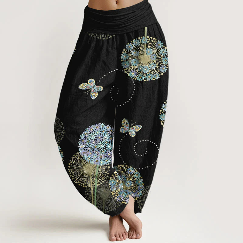 Buddha Stones Cotton Dreamlike Dandelion Butterfly Pattern Women's Elastic Waist Harem Pants