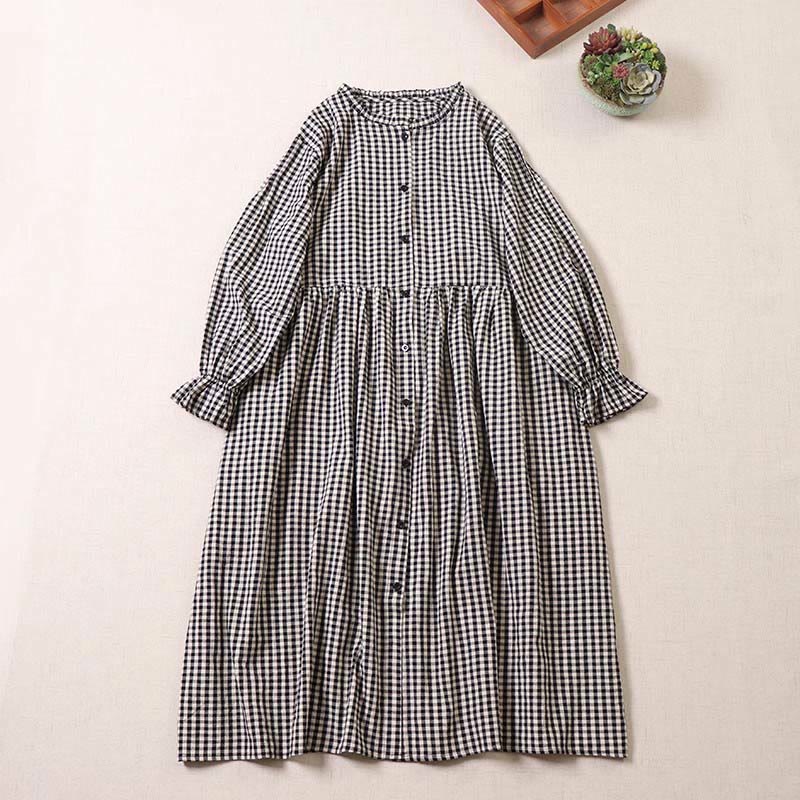 Buddha Stones Long Sleeve Plaid Simple Buttons Ruffled Design Midi Dress With Pockets