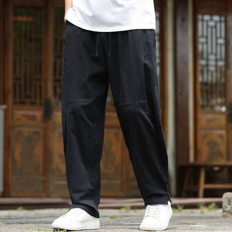 Buddha Stones Solid Drawstring Men's Elastic Waistband Cotton Linen Pants With Pockets