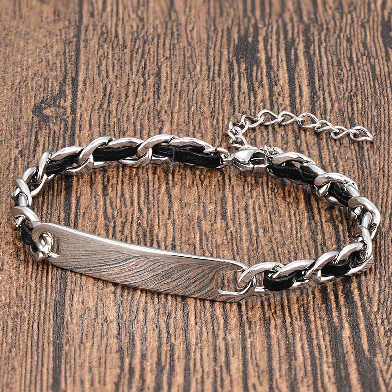 Buddha Stones Chain Leather Inlay Bar Plate Braided Leather Strengthen Cuban Bracelet