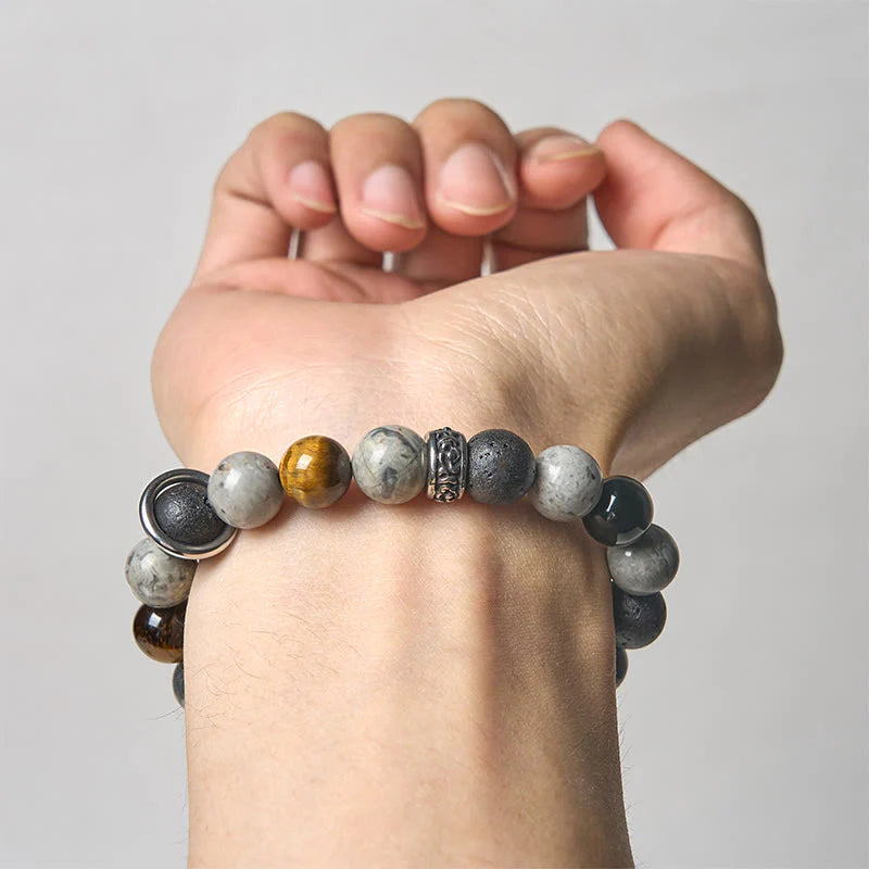 Buddha Stones Grey Jasper Lava Rock Silver Sheen Obsidian Tiger Eye Healing Bracelet