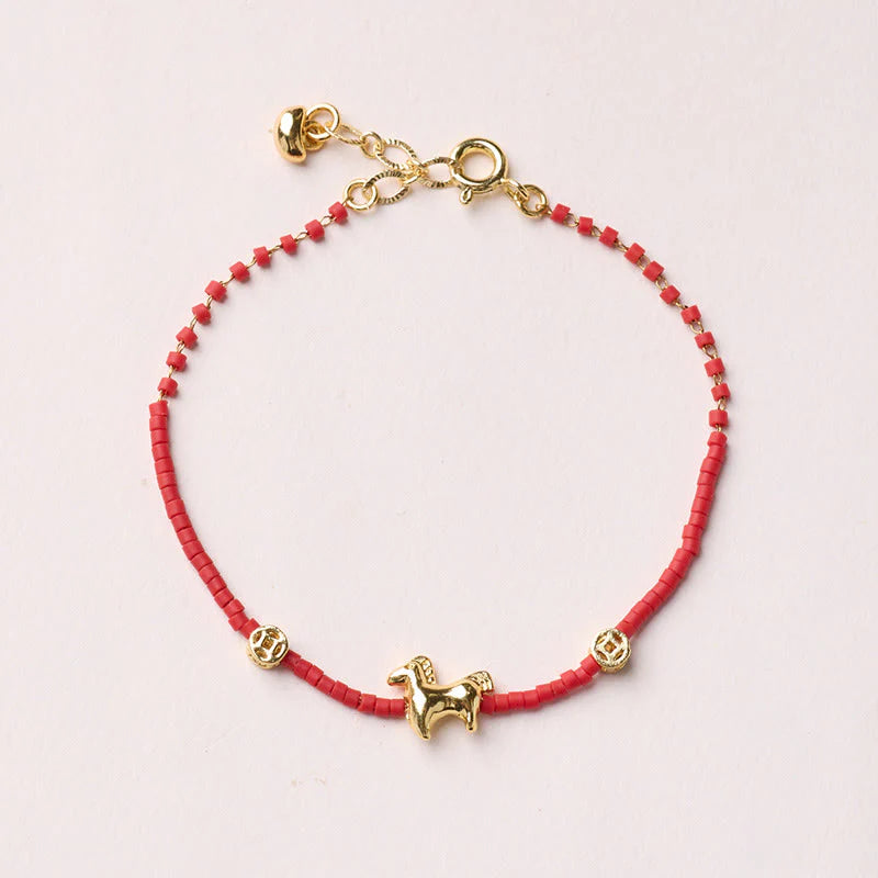 Buddha Stones 925 Sterling Silver Plated Gold Year of the Horse Red Liuli Glass Prosperity Bracelet