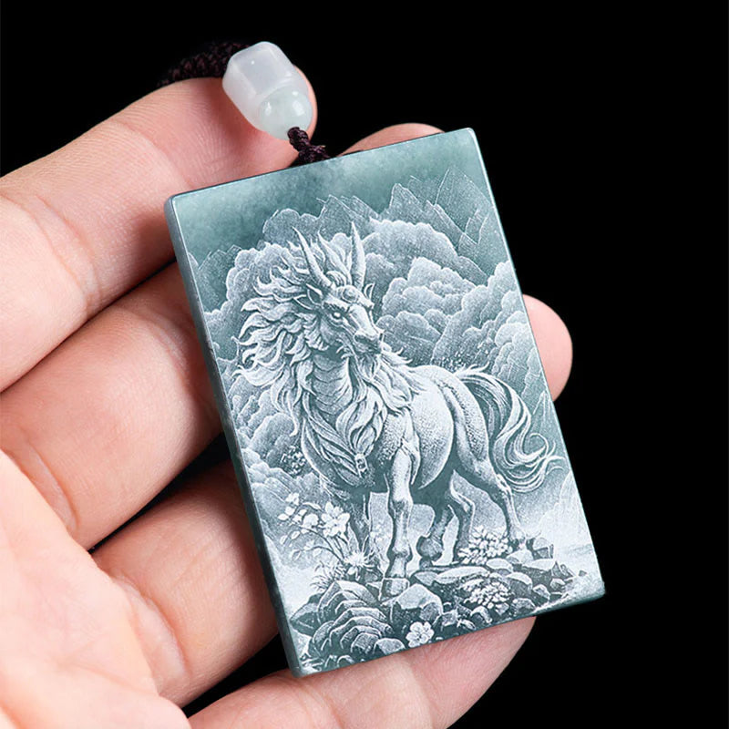 Buddha Stones Year Of The Horse Chinese Zodiac Engraving Jade Abundance Necklace Pendants