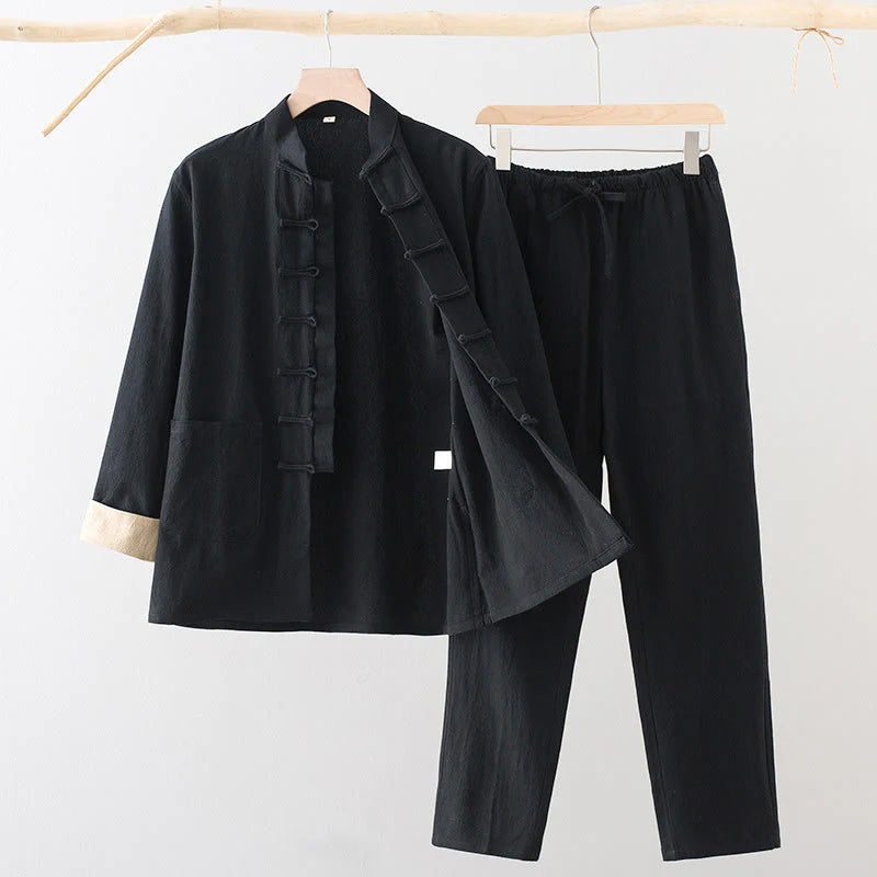 Buddha Stones 2Pcs Tang Suit Men's Frog-Button Cotton Long Sleeve Shirt Pants Set With Pockets
