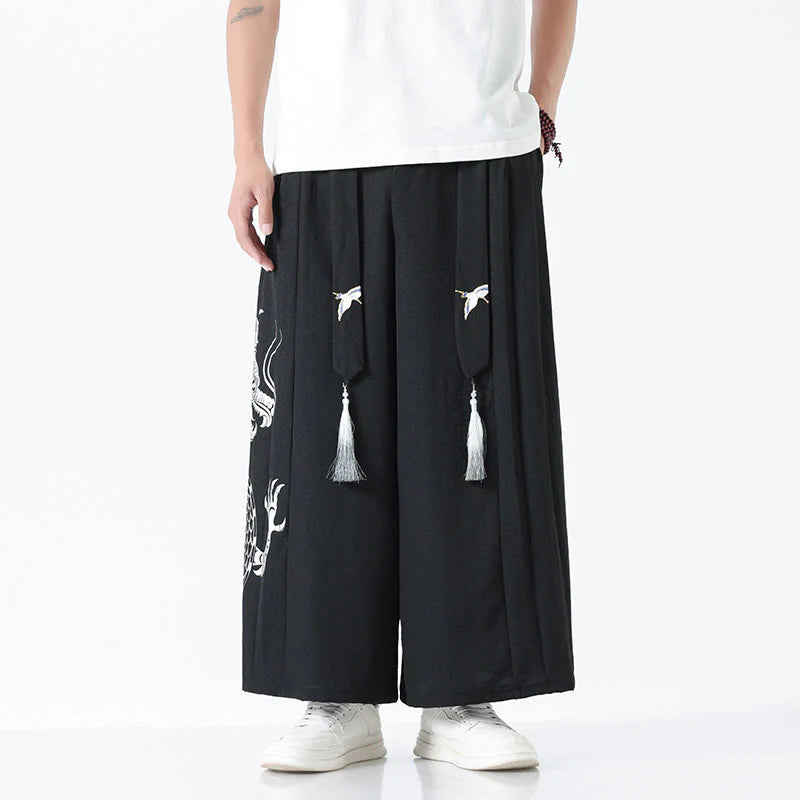 Buddha Stones Summer Dragon Drawstring Design Cotton Ankle-Length Men's Wide Leg Pants With Pockets