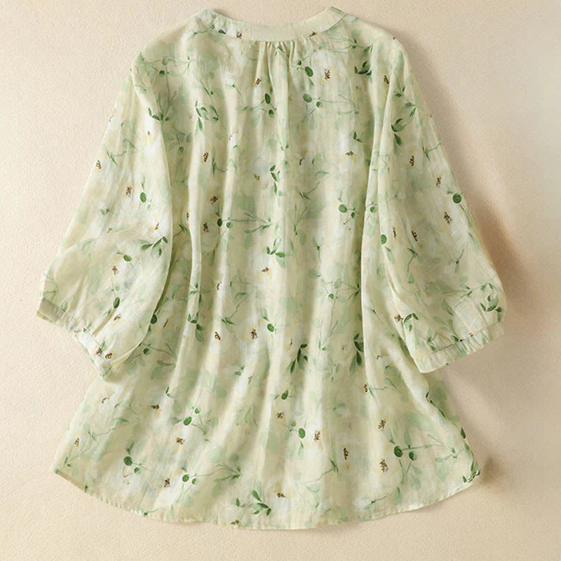 Buddha Stones Crew Neck Casual Frog-Button Floral Print Pattern Blouse Half Sleeve Women's Shirts