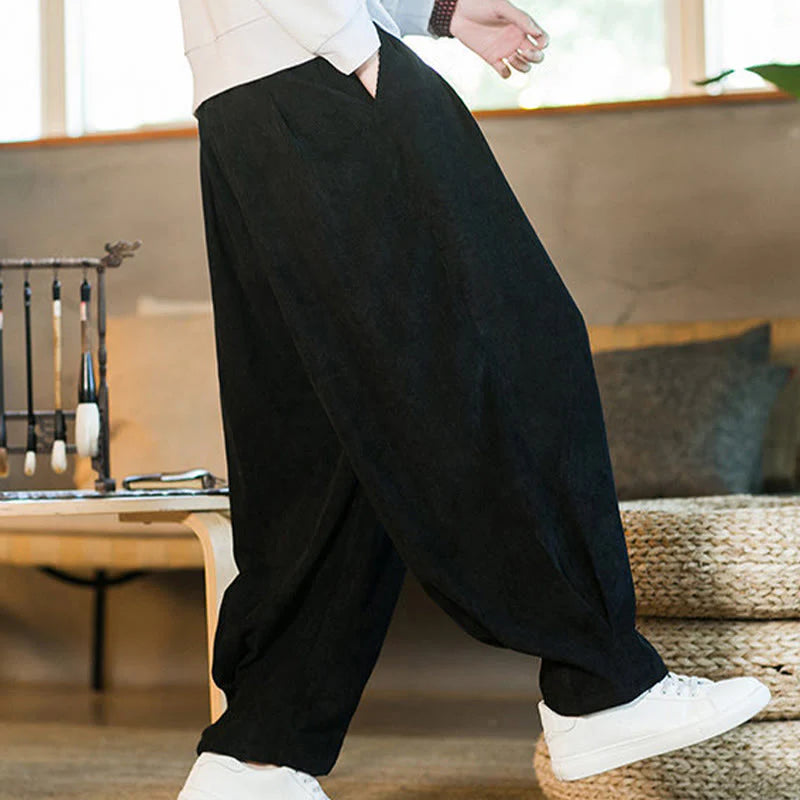 Buddha Stones Retro Men's Plain Fleece-Lined Corduroy Simple Design Harem Pants With Pockets