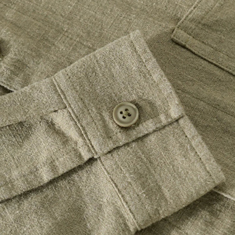Buddha Stones Commute Fall Solid Color Lapel Men's Long Sleeve Cotton Linen Shirt With Pocket