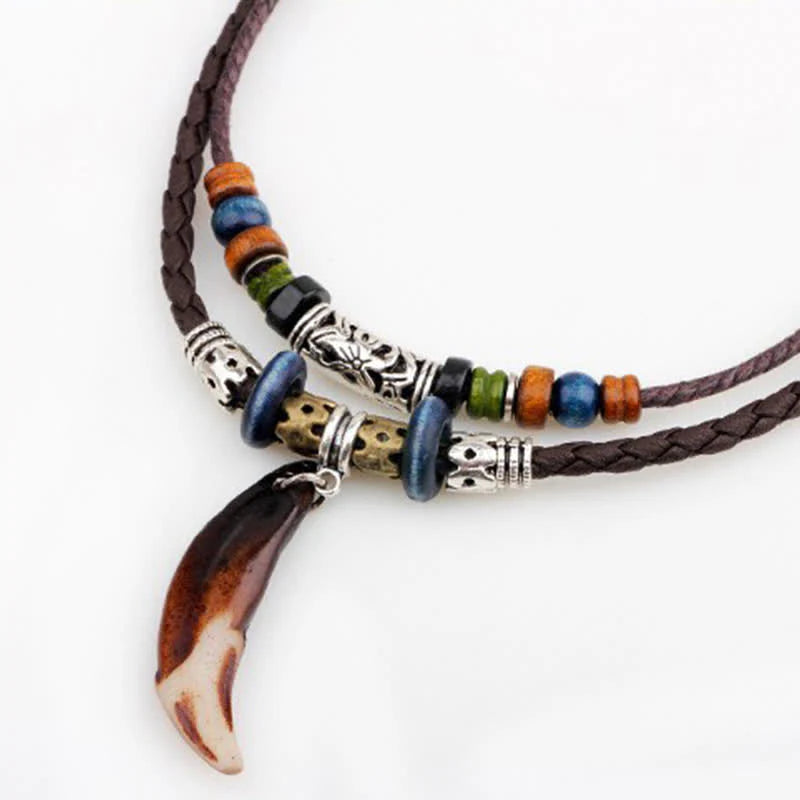 Buddha Stones Ethnic Wolf Tooth Pattern Beads Wealth Necklace Pendant