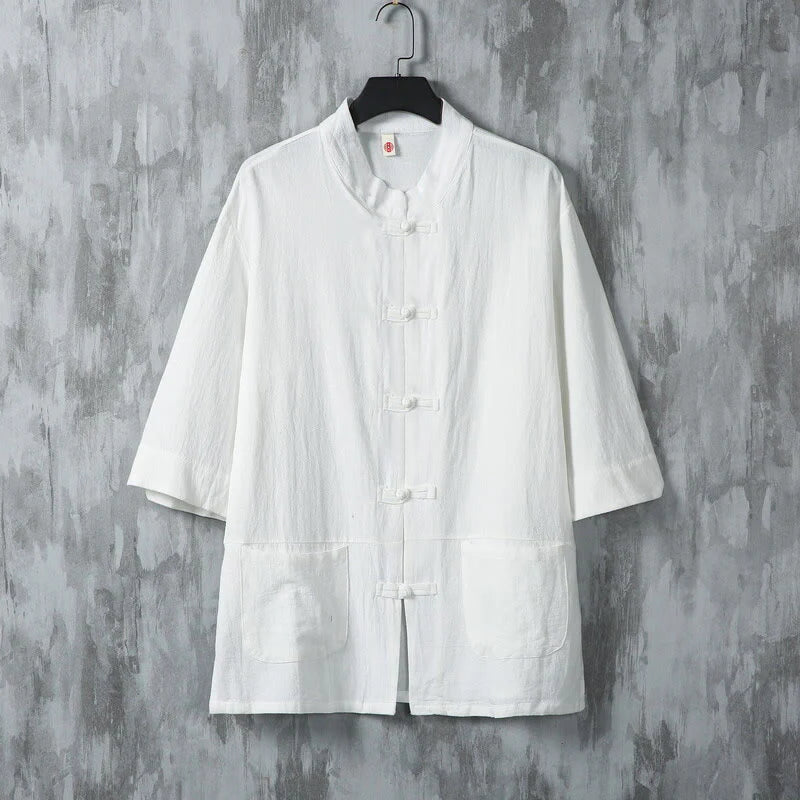 Buddha Stones Solid Color Tang Suit Frog-Button Design Men's Half Sleeve Linen Shirt With Pockets