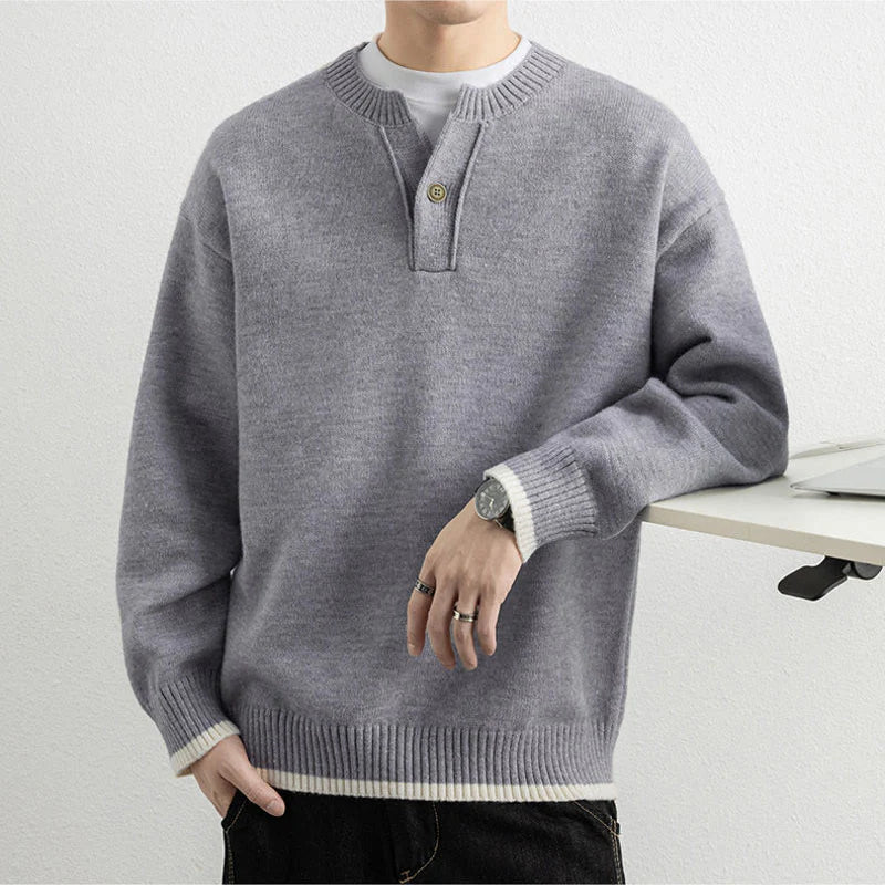Buddha Stones Winter V-Neck One Button Design Warm Men's Long Sleeve Knitted Sweater