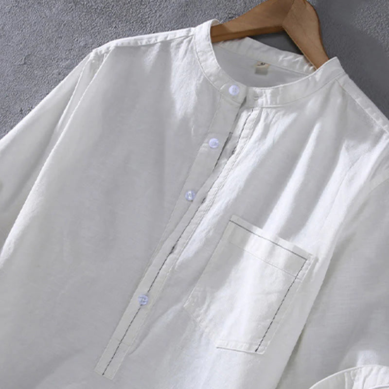 Buddha Stones Spring Pure Color Half Buttons Design Stand Collar Men's Short Sleeve Linen Shirt With Pocket