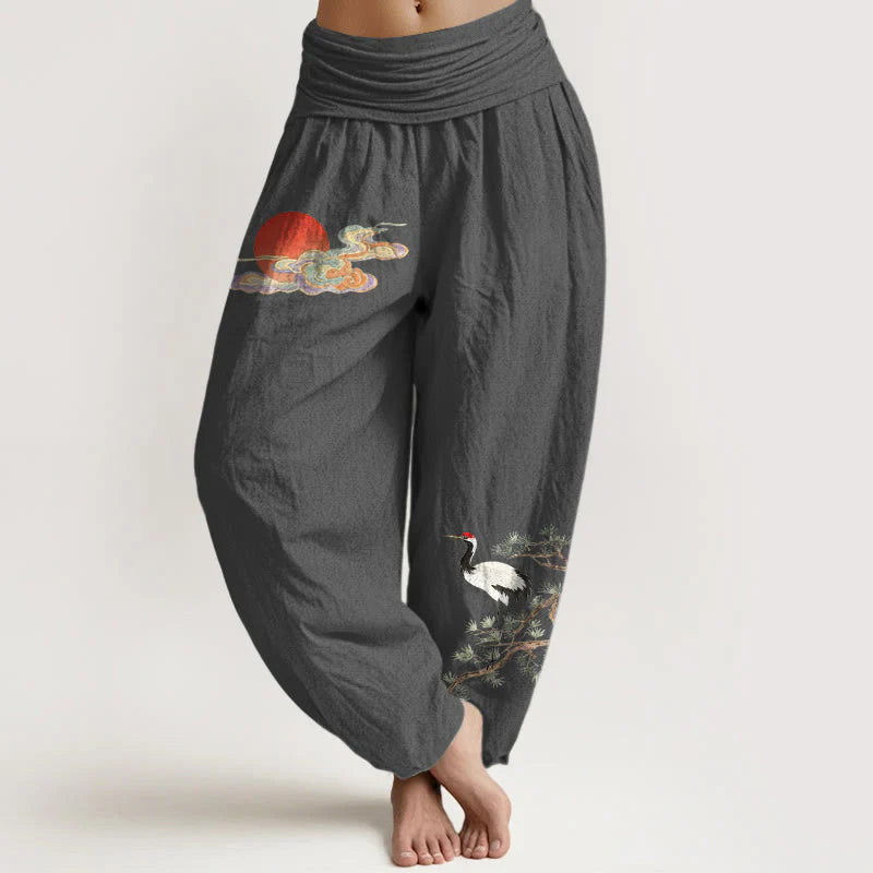 Buddha Stones Pure Cotton Concise Sun Cloud Crane Pine Tree Pattern Women's Elastic Waist Harem Pants