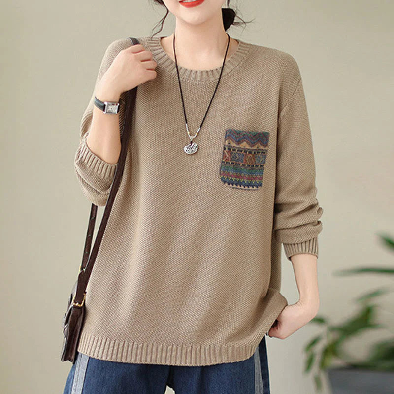 Buddha Stones Fall Floral Decorative Pocket Pattern Knitted Cotton Women's Long Sleeve Sweater