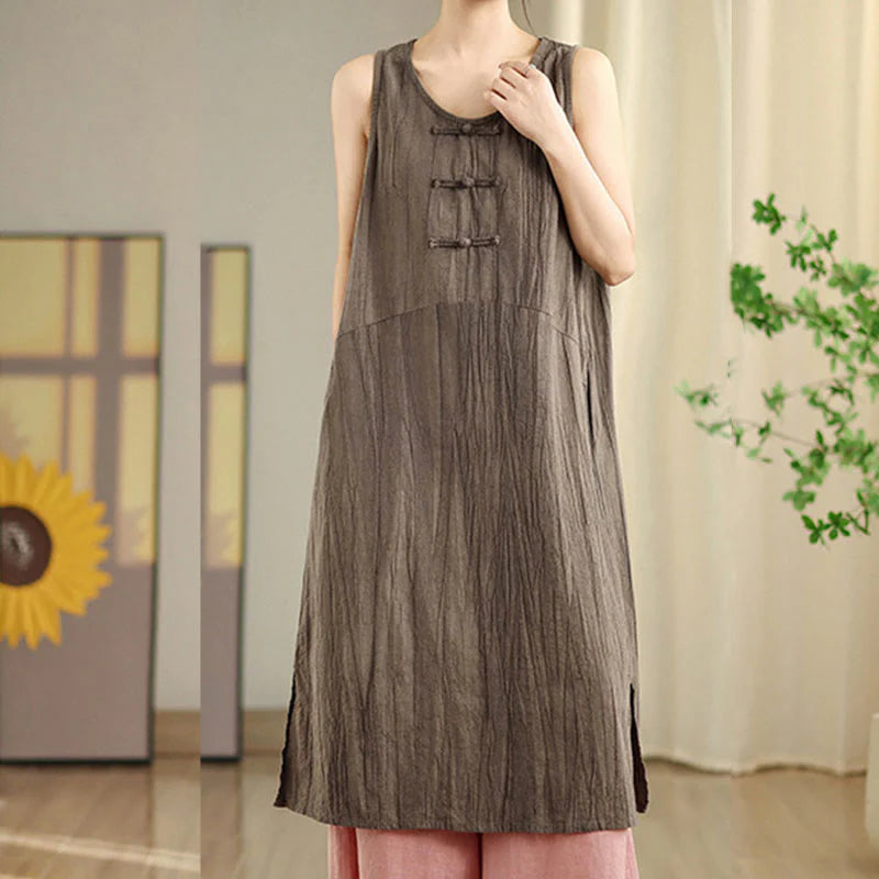 Buddha Stones Tie Dye Chinese Frog-Button RamieÂ Linen Sleeveless Midi Dress With Pockets