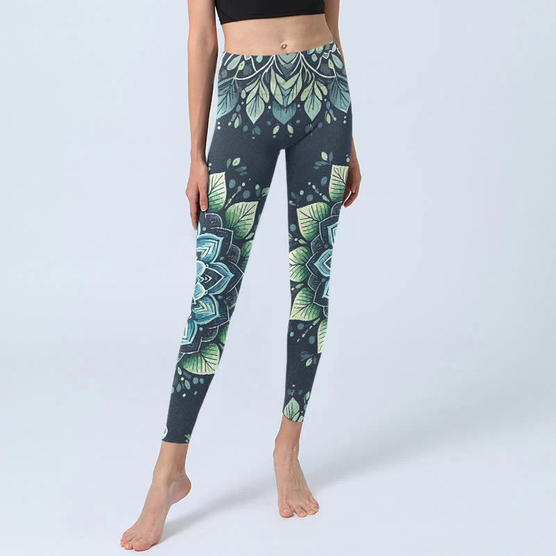 Buddha Stones Symmetrical Om Symbol Flower Pattern Print Gym Leggings Women's Yoga Pants