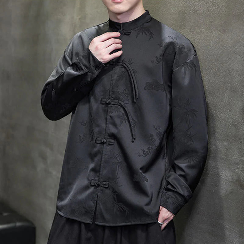 Buddha Stones Plain Frog-Button Design Tang Suit Men's Long Sleeve Jacket