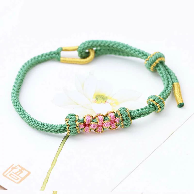 Buddha Stones Handmade Three Peach Blossoms Luck Eight Strands Braided String Bracelet