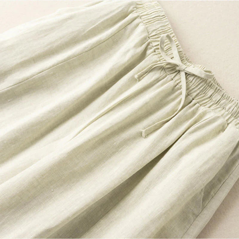 Buddha Stones Plain Color 7-8 Length Capri Cropped Pants Cotton Linen Women's Wide Leg Pants With Pockets