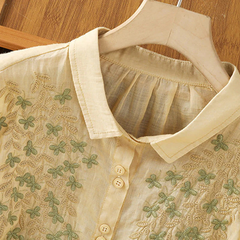 Buddha Stones Casual Plant Embroidery Stand Collar Women's Cotton Blend Three Quarter Sleeve Shirt