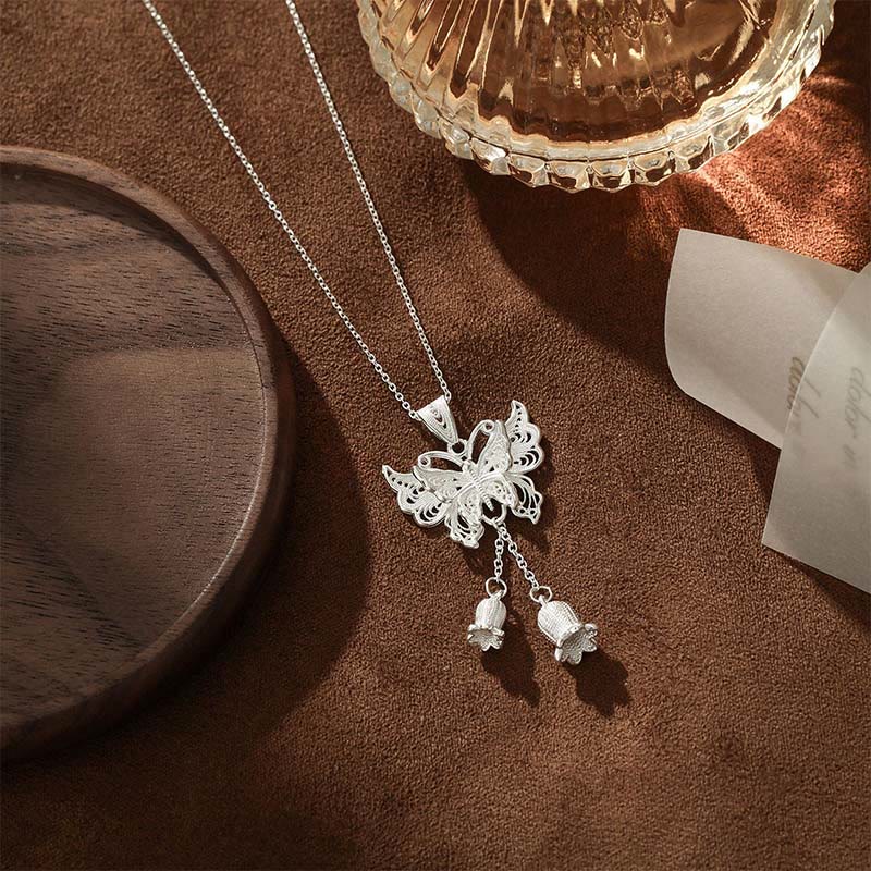 Buddha Stones 999 Sterling Silver Butterfly Lily Of The Valley Freedom Necklace Pendant