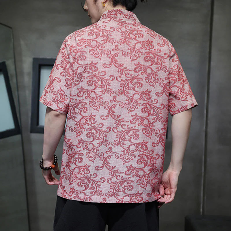 Buddha Stones Summer Floral Vine Pattern Tang Suit Men's Frog-Button Short Sleeve Shirt With Pockets