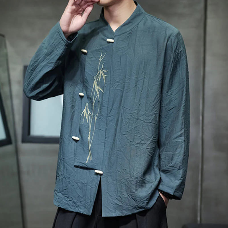Buddha Stones Fall Solid Color Bamboo Leaf Embroidery Men's Long Sleeve Cotton Linen Shirt