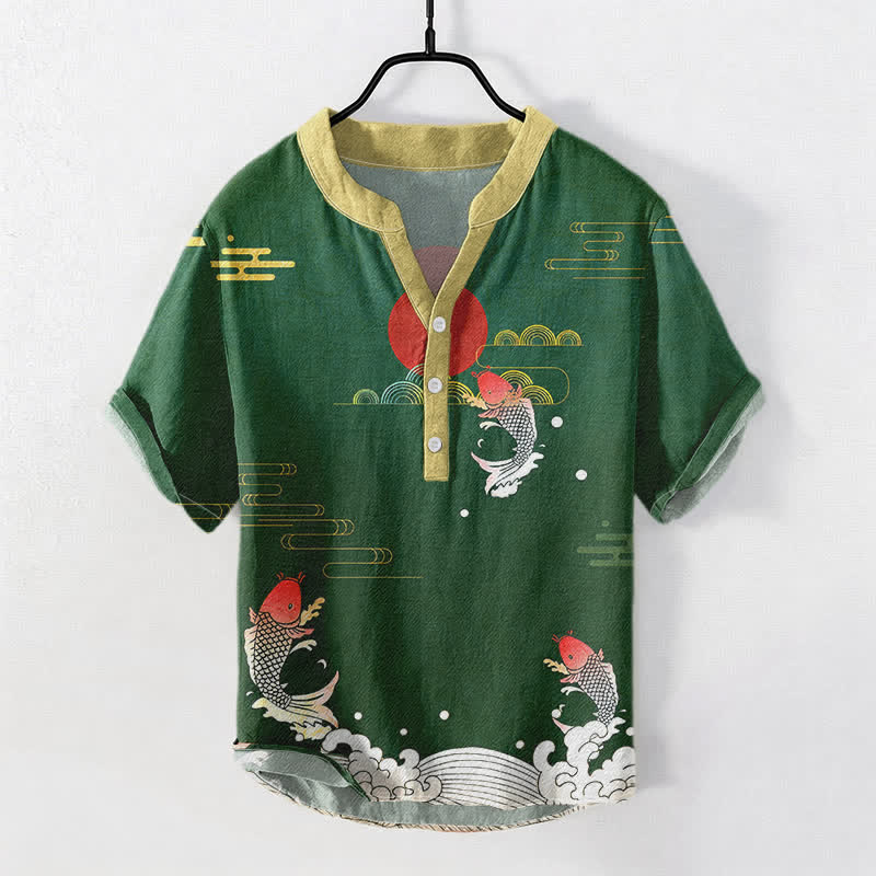 Buddha Stones Cotton Koi Fish Red Sun Cloud Emblem Men's Short Sleeve Half Button Shirt