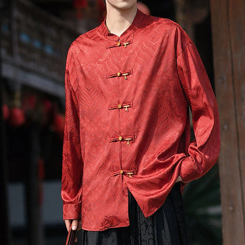 Buddha Stones Chinese Frog-Button Bamboo Shape Design Stand Collar Men's Long Sleeve Shirt