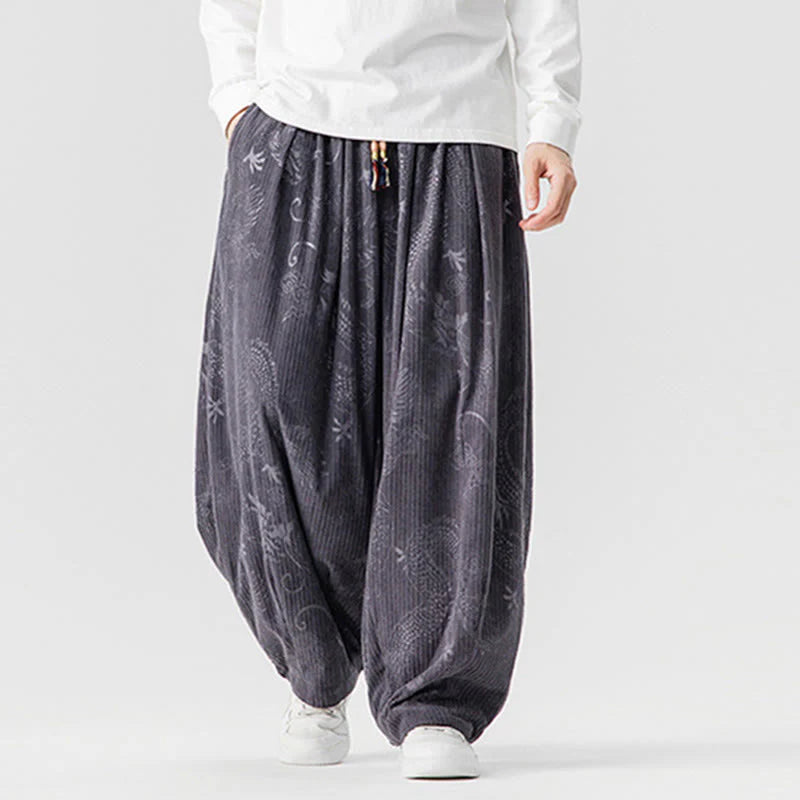 Buddha Stones Winter Dragon Phoenix Pattern Cotton Corduroy Men's Harem Pants With Pockets