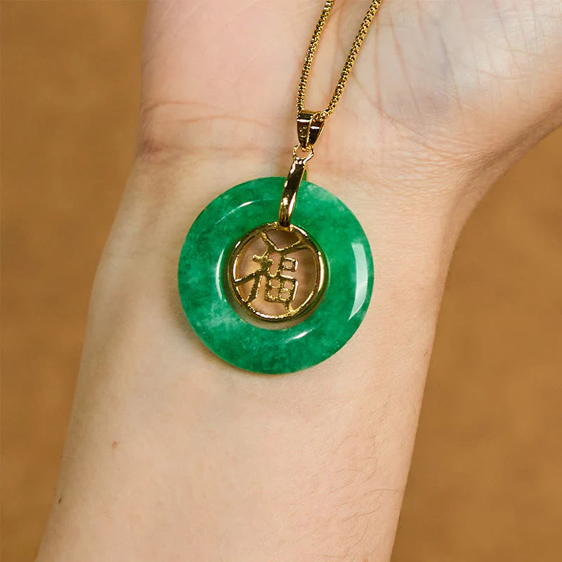Buddha Stones Cyan Jade Fu Character Peace Buckle Healing Luck Necklace Pendant