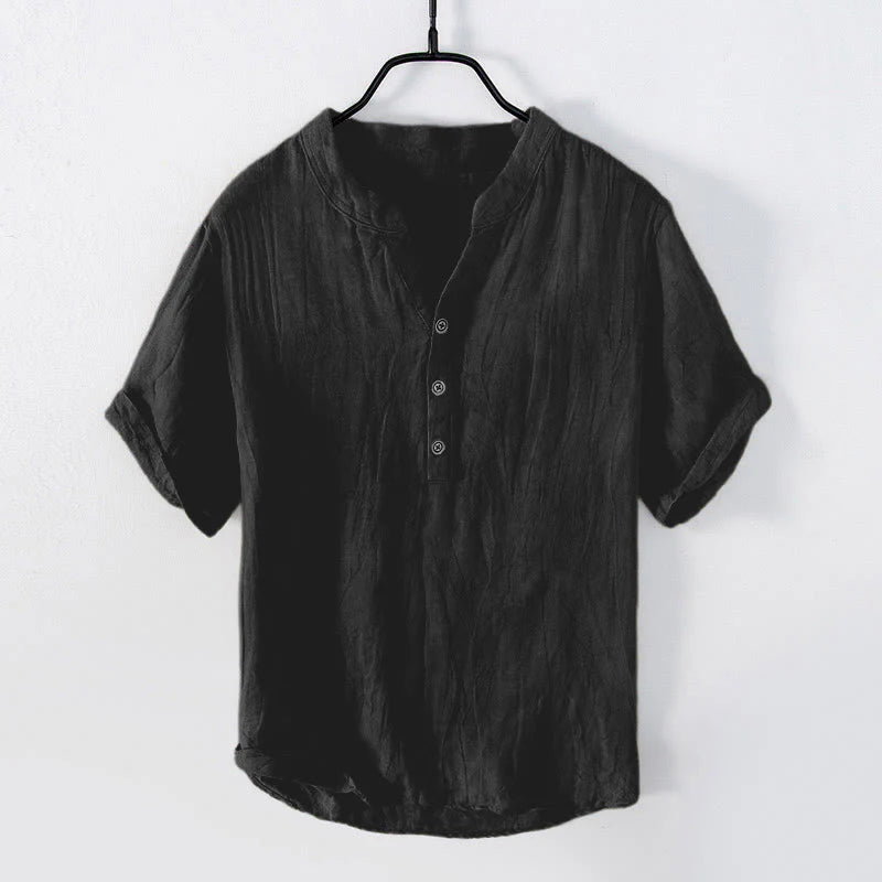 Buddha Stones Solid Color Short Sleeve Half Button Shirt Cotton Linen Men Clothing