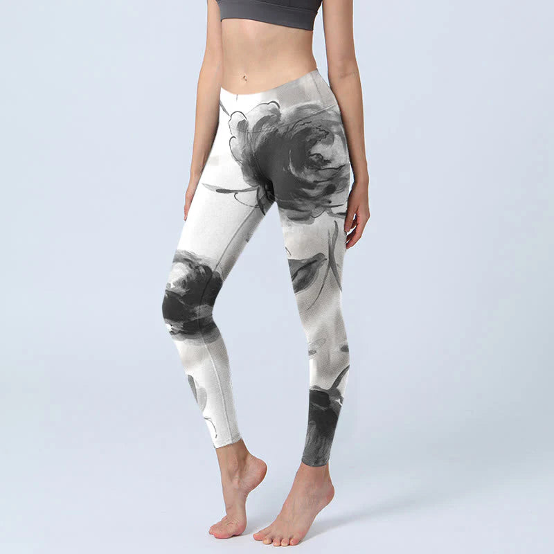 Buddha Stones Watercolor Rose Pattern Print Gym Leggings Women's Yoga Pants