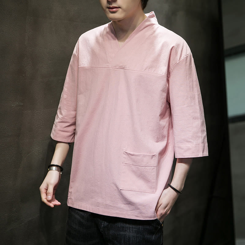 Buddha Stones Summer Casual Simple V-Neck Design Men's Cotton Linen Three Quarter Sleeve T-Shirt With Front Pocket
