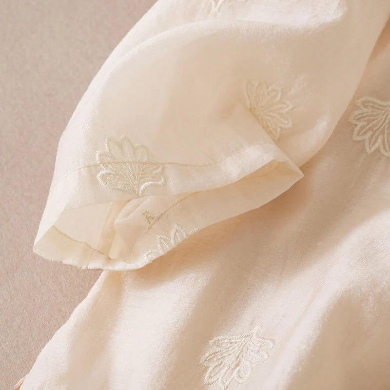 Buddha Stones Embroidery Flower Frog-Button Stand Collar Side Slit Short Sleeve Maxi Dress