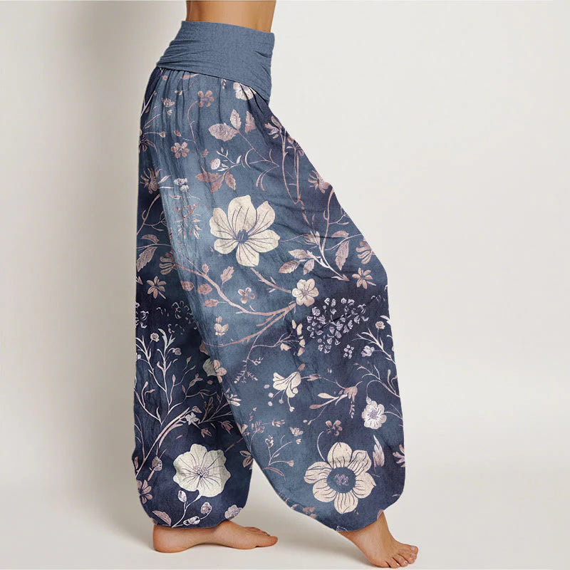 Buddha Stones Cotton White Flowers Winding Vines Pattern Design Women's Elastic Waist Harem Pants