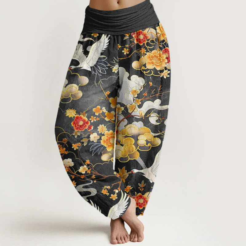 Buddha Stones Cotton Auspicious Clouds White Cranes Red Flowers Pattern Design Women's Elastic Waist Harem Pants