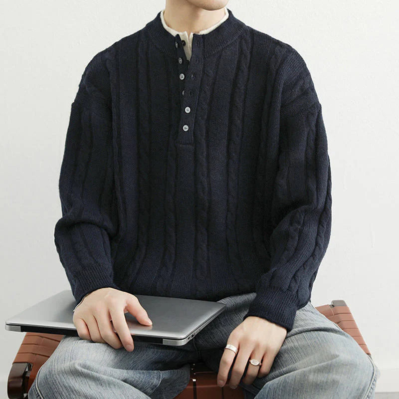 Buddha Stones Winter V-Neck Buttons Twisted Design Warm Men's Long Sleeve Knitted Sweater