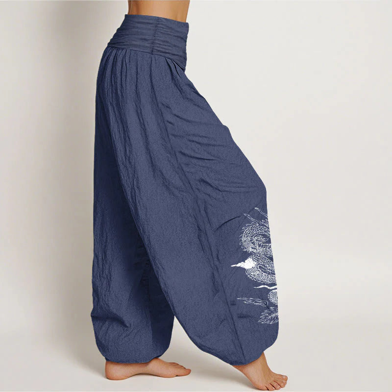 Buddha Stones Pure Cotton Dragon Sun Moon Pattern Women's Elastic Waist Harem Pants