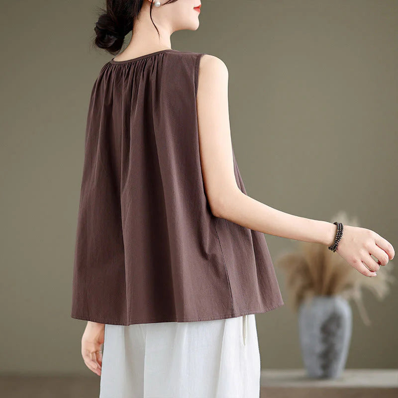 Buddha Stones Summer Artistic Solid Color Pleated Crew Neck Design Women's Cotton Linen  Vest